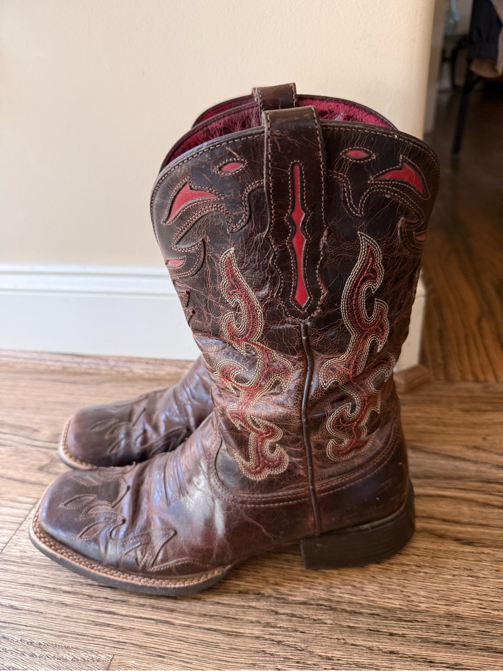 Ariat Brown Leather Cowboy Boots with Red Stitch Detailing